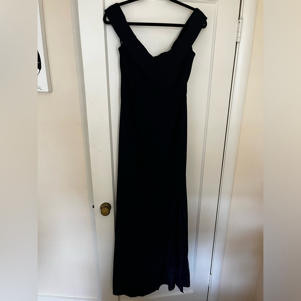 Dessy Collection Vivian Diamond Midnight deep navy blue off shoulder crepe gown